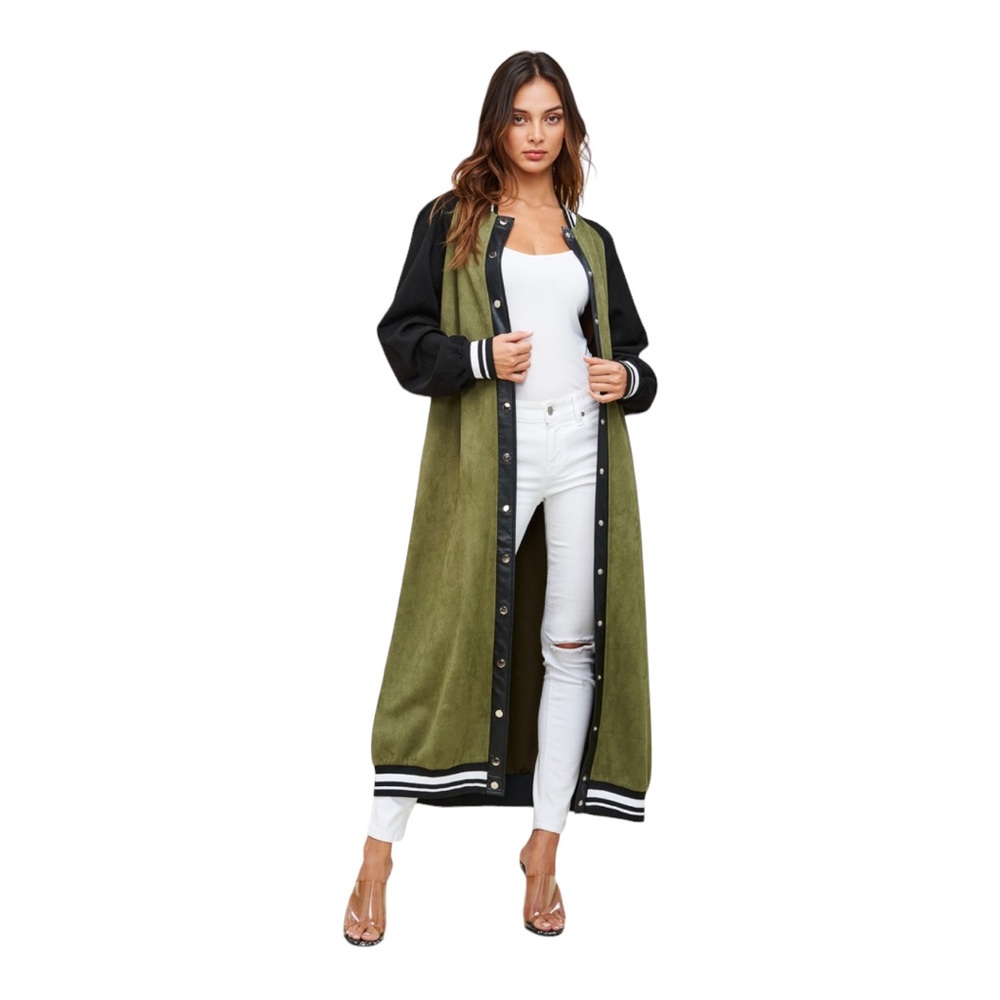 SoNo Chic Varsity Faux Suede Green Maxi Front Snap Jacket - Picture 10 of 14